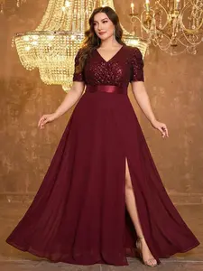 Elegant Plus Size Short Sleeve A-Line V-Neck Mesh Dress, Sparkling Sequins, Special Occasion Evening Gown, Fashionable Plus Size Clothing