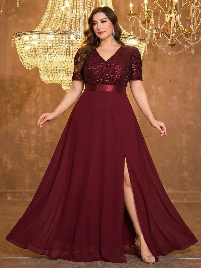 Elegant Plus Size Chiffon Lightweight Sequin Formal Dress, Round Neck Hollow Out Design, Perfect for Special Occasions, Fashionable Big Size Clothing - TikTok Shop Elegant Plus Size Chiffon Lightweight Sequin Formal Dress, Round Neck Hollow Out Design, Perfect for Special Occasions, Fashionable Big Size Clothing - TikTok Shop