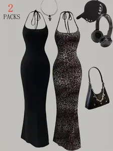 Elegant Halter Neck Mermaid Dresses, Solid Color Bodycon Long Formal Evening Gowns, Spring Summer Fashion Style, Sleeveless with Tie Detail, Mermaid Costume