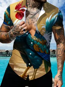 Tropical Style Rooster Pattern Short Sleeve Beach Shirt, Summer Casual Men's Print Top, Multi-color Feather Design Loose Version