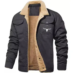 2025Cross-BorderAutumnandWinterNewMen'sJacketFleece-linedCottonWorkwearCasualJacketMen'sCoatWesternDenimStylesportjacketMen'sFleece-linedCottonJacketMenswearTopsBlackCollarLongSleeveFabricBreathableHoodie