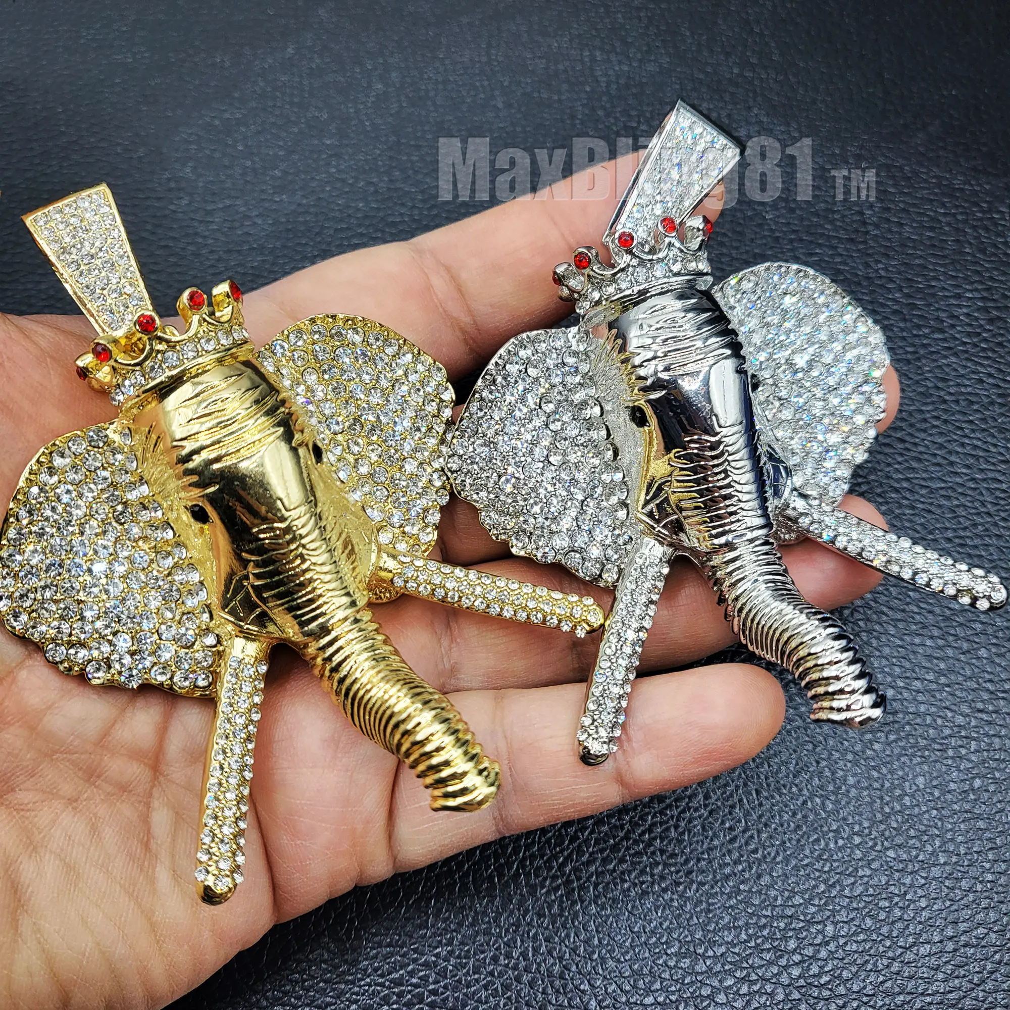 MaxBling81 Unisex 70x70mm Large King Crowned Elephant Head Charm Pendant, Icy Gold-Plated Cubic Zirconia Hip Hop Necklace, Fashion Accessory for Anniversary, Birthday Daily Wear