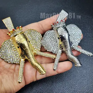 Large King Crowned Elephant Head Hip Hop Icy Gold plated Cubic Zirconia Charm Pendant Anniversary Birthday Daily