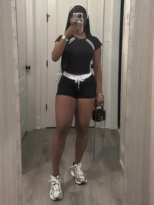 USBOUTIQUE CHIC Women‘s 2026 Spring Two Piece Set Stretchy Short Sleeve Top & High Waist Shorts Casual Outfit