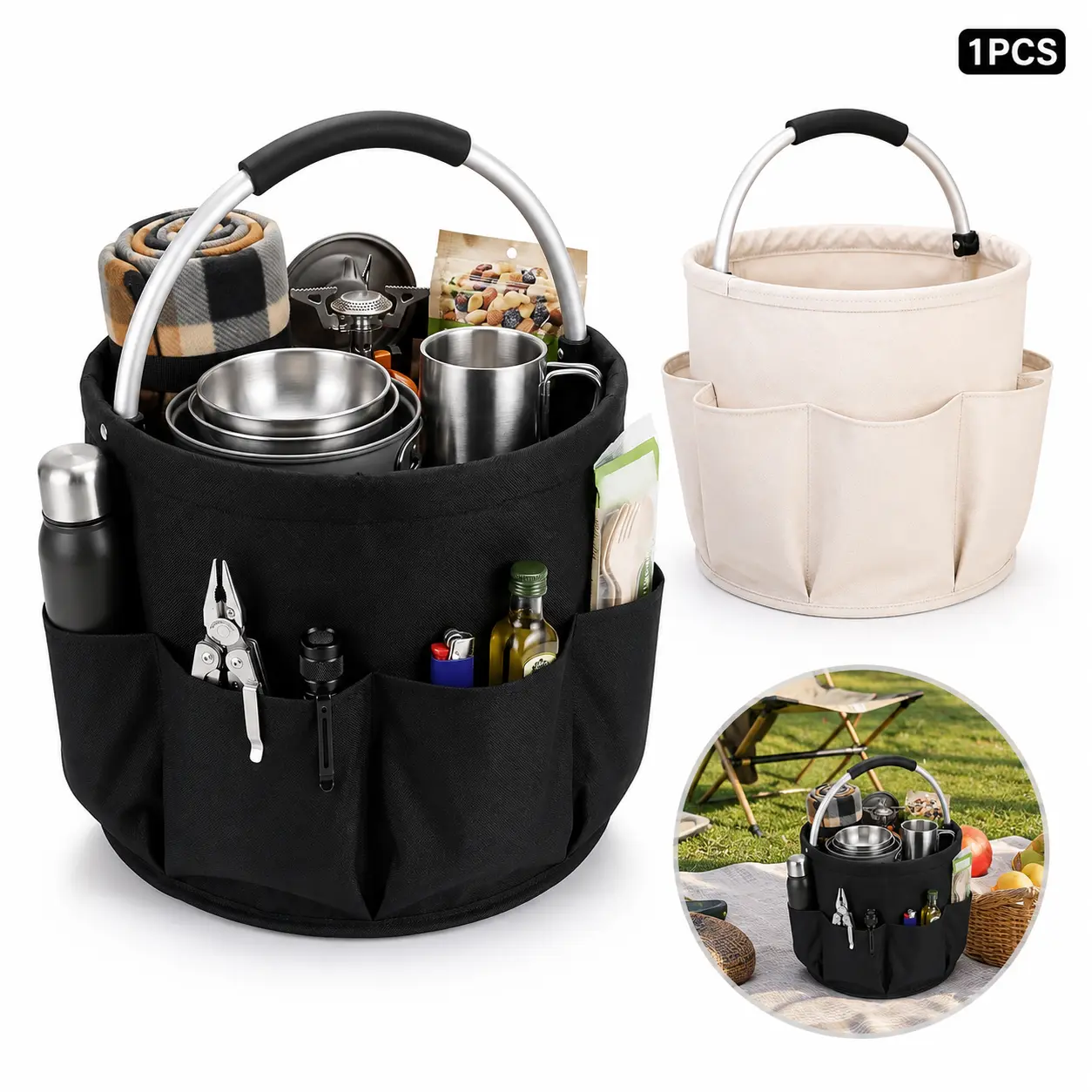 Foldable Picnic Basket with Handles, Collapsible Storage Tote Bag for Camping Picnic Outdoor Travel Grocery Shopping
