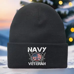 S&T Navy Veteran Printed Acrylic Beanie - Unisex Fitted Knit Hat, Warm Cold-Wash Flat-Dry Material, Autumn/Winter Comfort, Casual Holiday Gift, Fashionable Everyday Accessory, Multiple Colors