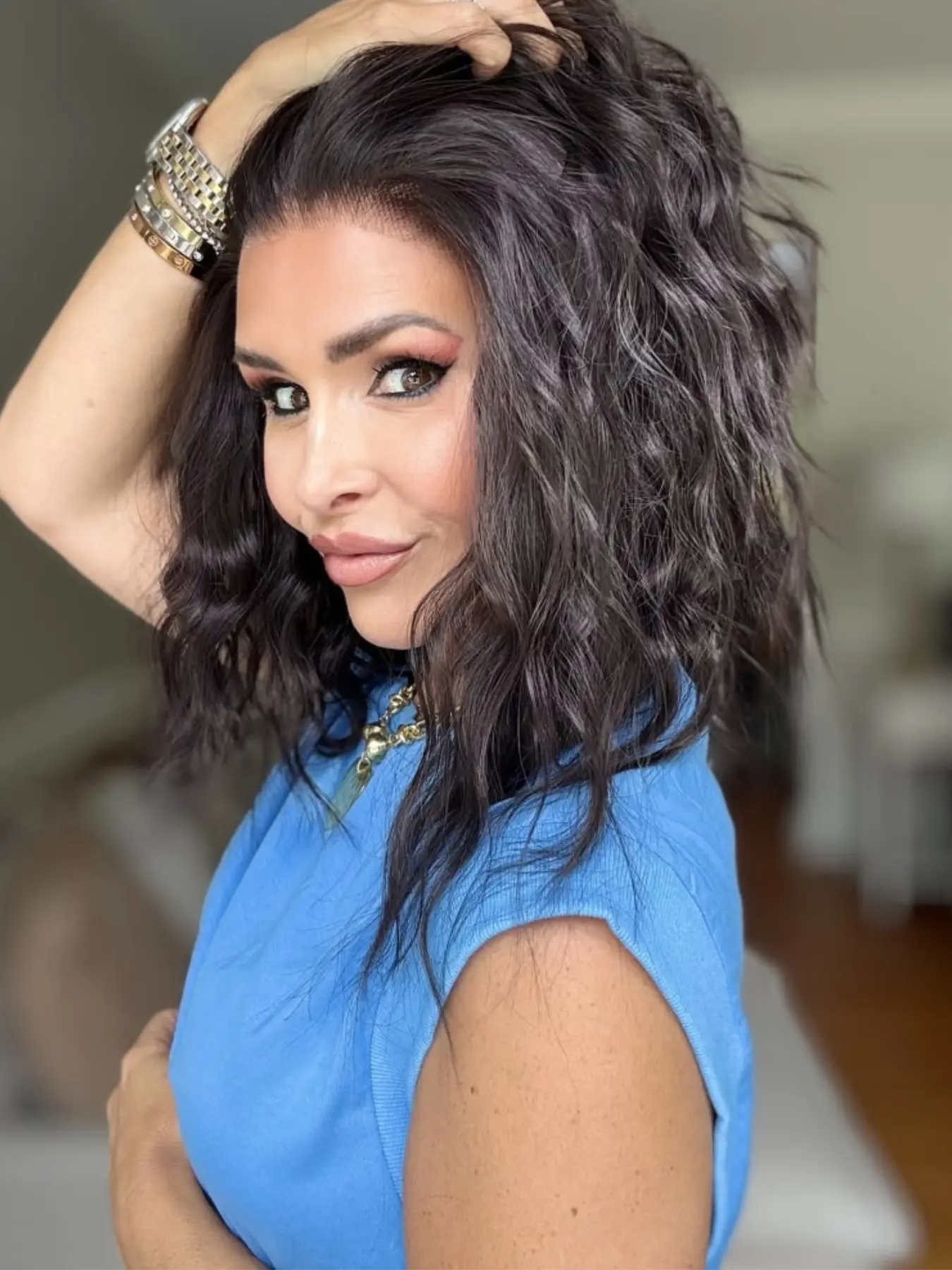 MACA BAKA Zuri-S Natural Rich Brown Short Water Wave Lace Front Wigs with Scandinavian Hairline 12 Inches Low Density Loose Curly Deep Espresso Brown HD Synthetic Lace Front Wigs for Women Pre Plucked Summer Style, Glueless Frontal Wigs, Natural Wavy Wig