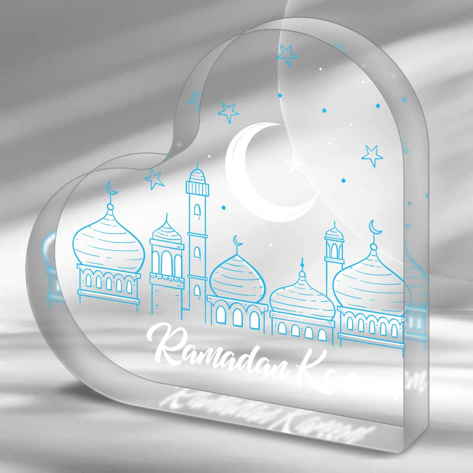 Ramadan Eid Mubarak Decoration, 1 Count Letter & Castle Pattern Acrylic Heart Shaped Centerpiece, Ramadan Table Decor for Home Living Room & Office