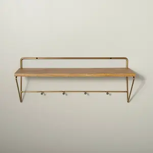 24" Wood & Brass Wall Shelf with Hooks - Hearth & Hand with Magnolia 24" Wood & Brass Wall Shelf with Hooks - Hearth & Hand with Magnolia