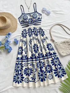 Women's Tropical Floral Print Vintage Sleeveless Cut-Out Side Tie A-Line Long Dress, Casual Vacation Style Holiday Dress, Chic Summer Fashion