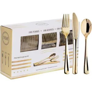 300PCS Gold Plastic Cutlery, Heavy Duty Plastic Cutlery Disposable Flatware Dinnerware, 100 Forks, 100 Spoons, 100 Knives, Perfect for Party, Wedding and Daily Use