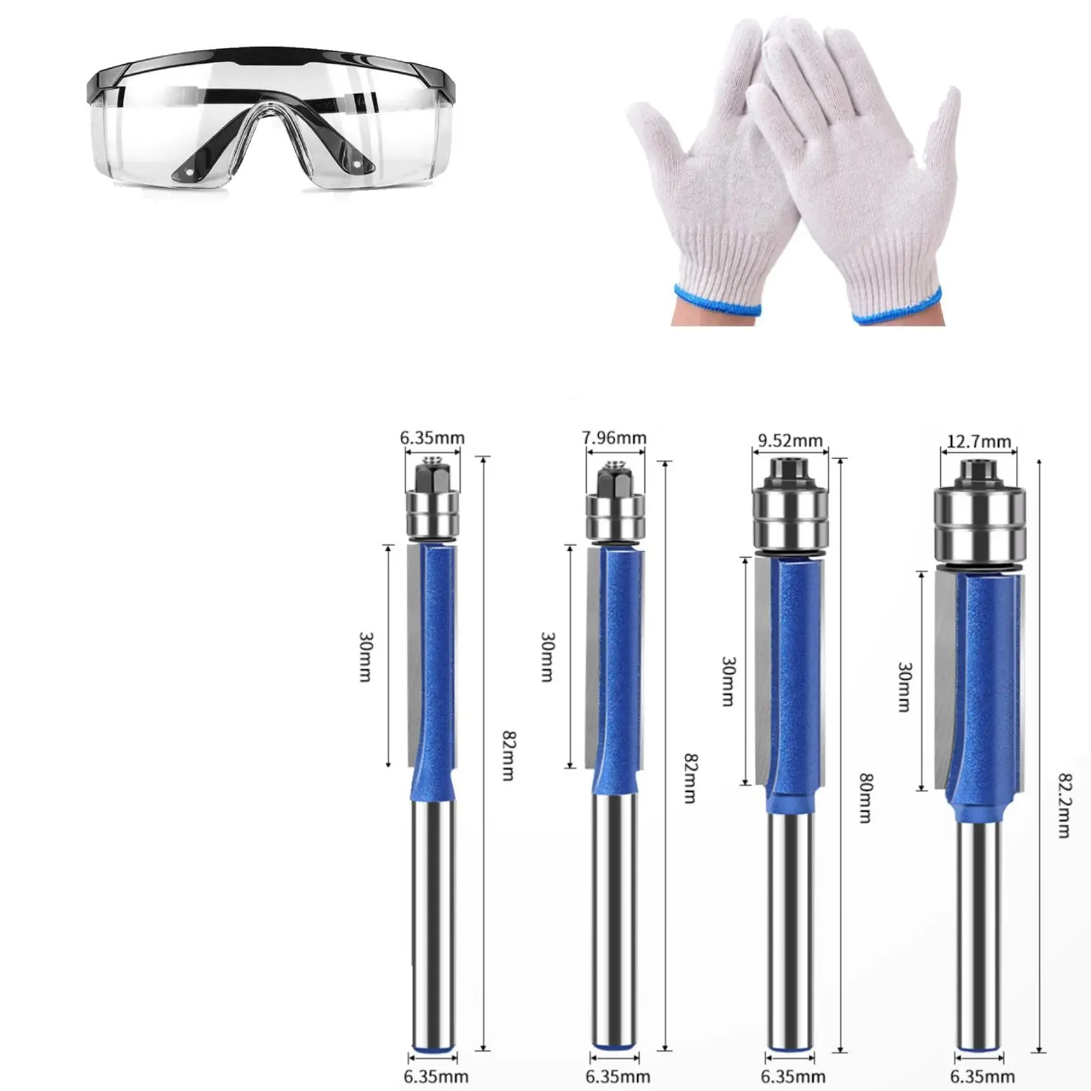 4Pcs 1/4-Inch & 1/2-Inch Carbide Double Bearing Flush Trim Router Bit Set, 1 Pair Goggles, 1 Pair Gloves, MDF Round Cutting Tool Set with 3/8-Inch+ Cutting Diameters for Car Repair Assembly & Disassembly