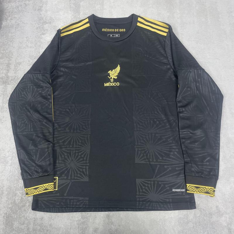 2025 Mexico National Team Home Long Sleeve Soccer Jersey Black and Gold Soccer Jersey Fans Version