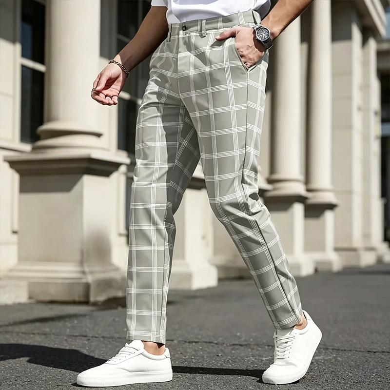 Men's Slim Fit Plaid Houndstooth Pants - Mid Waist Tailored Waistband Stretch Straight Leg Menswear, Button Closure, Stretch Fabric, Business Casual Office Use, Wedding Fancy Occasions, Cool and Casual Men's Pants, Business Fashion Pants, Checkered