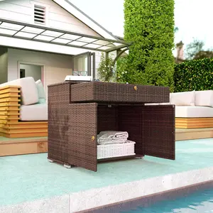 Outdoor Storage Cabinet, Waterproof PE Rattan Cabinet with Drawer for Indoor, Outdoor Swimming Pool, Mixed Brown