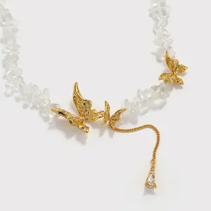 Butterfly Teardrop Zircon Pendant Necklace 24K Gold Plated Engagement Wedding Anniversary Gift Nature Inspired Jewelry - booneealus