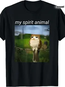 Funny Cat & Owl Meme T-Shirt - My Spirit Animal Brainrot Humor Print, Casual Round Neck Tee with Meowl Meme Design for Parties, Casual Attire & Meme Lovers - All-Season Fit