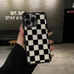 Black checkered Pattern Four-corner drop-proof TPU phone case for iPhone 17 Pro Max 17 Air  15 14 Pro Max 13 12 11 XR XS Plus shockproof full camera protection durable slim silicone case mobile phone case