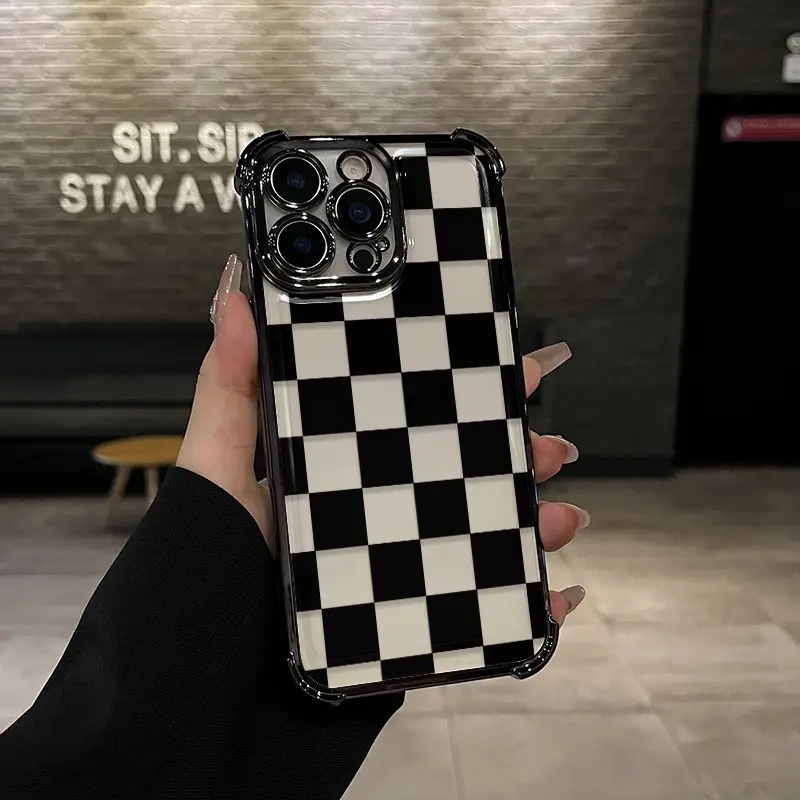 Black checkered Pattern Four-corner drop-proof TPU phone case for iPhone 16 15 14 Pro Max 13 12 11 XR XS Plus shockproof full camera protection durabl