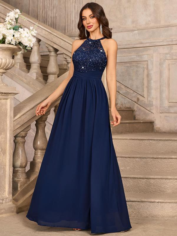 MIUSOL 24447A Women's Sequin Lace Sleeveless Halter Tie Back Ruched Waist Design Formal Evening Gowns Maxi Dress for Formal Event, Evening Party, Banquet, Festival, Quinceaneradress, Bridesmaid Dress