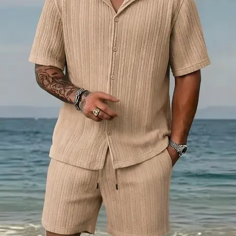 Men's 2-Piece Textured Knit Set - Short Sleeve T-Shirt & Drawstring Shorts, Breathable Soft Polyester Stylish Athletic Beach-Ready Set, Relaxed Minimalist Casual Menswear, Father's Day Gift Beige