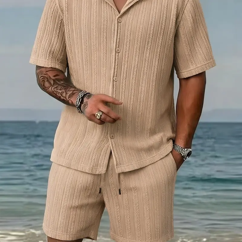 Men's 2-Piece Textured Knit Set - Short Sleeve T-Shirt & Drawstring Shorts, Breathable Soft Polyester Stylish Athletic Beach-Ready Set, Relaxed Minimalist Casual Menswear, Father's Day Gift Beige,sohochic