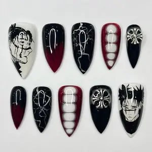 swish.nails Anime Curse Mark Press-On Nails, 3D Silver Charms, Manga Face Art, Red & Black Gradient Design, Handcrafted Japanese-Inspired Vibes, Perfect for Gifting, Custom Handmade for Anime Fans