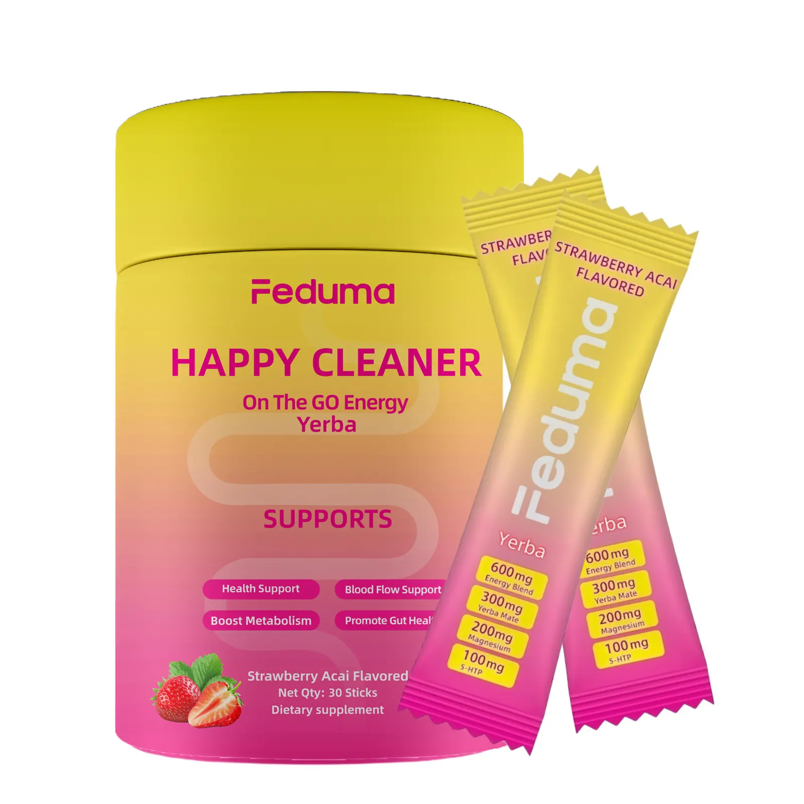 Feduma Superfood Blend | Happy Cleaner Cutting Mix Powder | Berberine | Chromium | 5-HTP | Natural Yerba Mate | Magnesium | Strawberry Acai | 30 Count