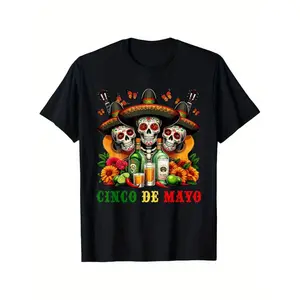 Women's 100% Cotton Cinco De Mayo T-Shirt - Black Short Sleeve, Regular Fit, Vibrant Sugar Skull, Sombrero & Maracas Design for Mexican Fiesta, Tequila-Themed Apparel
