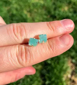 Amazonite Raw Square Earrings in Prong Stud Setting - Sterling Silver