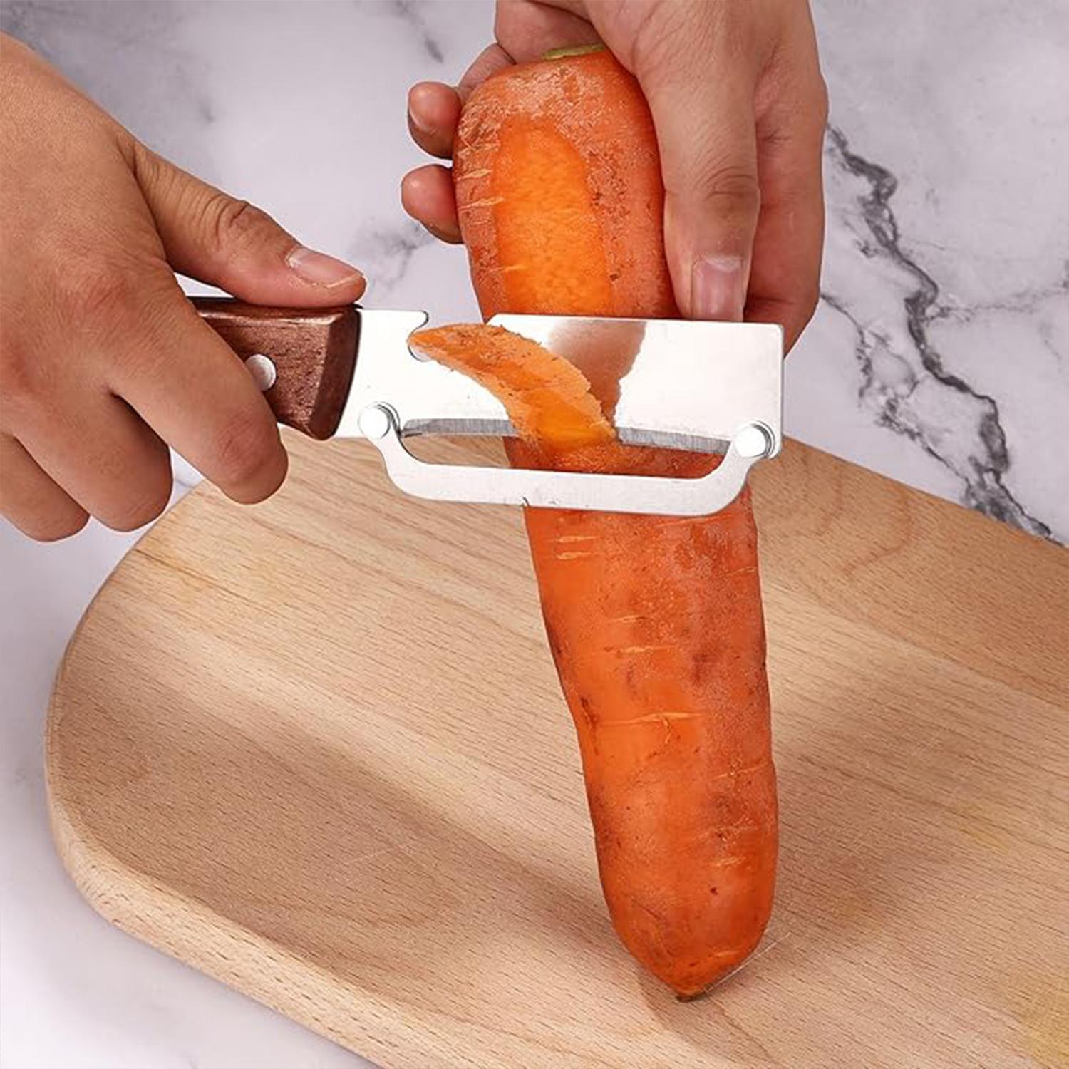2-in-1 Stainless Steel Fruit & Veggie Peeler with Bottle Opener, Wooden Handle Non-Slip Ergonomic Grip, Sharp Durable Peeler for Kitchen Vegetable Fruit Peeling