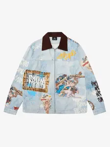 Artistic Patches Graphic  Distressed Denim Jacket - 2573