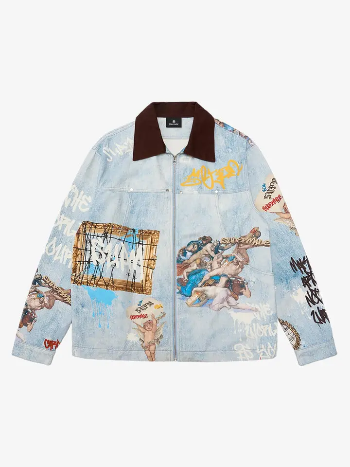 Thesupermade Artistic Patches Distressed Denim Jacket | Graffiti Print Vintage Art Streetwear Jacket Men