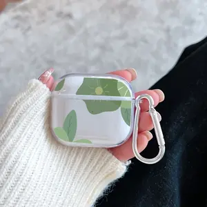Green Flowers Pattern Protective Case for AirPods 4/3/2/1/Pro/Pro2 Soft TPU Earphone Cover, Transparent with Keychain