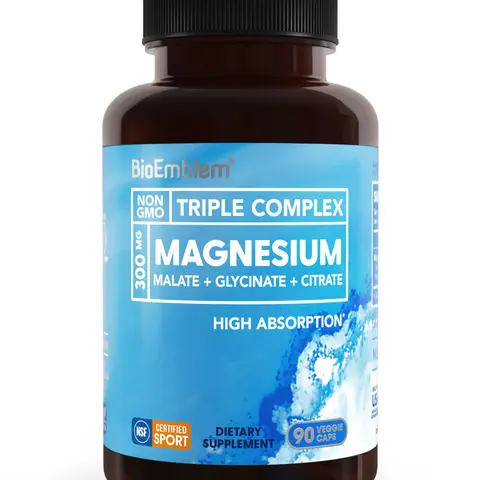 BioEmblem Triple Magnesium Complex Daily Magnesium Supplement Capsules - 300mg Sleep-Calming Glycinate, Malate, Citrate for Fitness Support, Nerve Health - Gluten-Free, Non-GMO, Vegan, 90 Count Selfcare Capsules