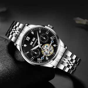 NAMKIN Men's Automatic Mechanical Watch Stainless Steel Band Black Dial with Tourbillon Multi-Function Subdials Sophisticated Timepiece for Men sporty waterproof watch