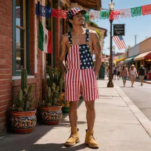 4th of July American Flag Denim Overalls Shorts for Men Women, Bib Shorts USA 250th Anniversary Patriotic Outfit for BBQ Parties and Summer Travel