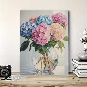 1 elegant hydrangea canvas wall painting, featuring a glass bowl and wooden frame - high-definition canvas decorative painting 11.8* 15.7inch (30* 40cm ) with wooden mounting frame -- modern home decor, can be hung directly in the living room or bedroom