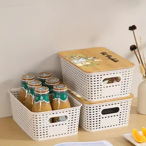 1pc Plastic Storage Baskets with Bamboo Lids, With "Lonely Socks Seeking Soulmates" Sock Storage Basket, Storage Containers for Organizing Shelves Drawers, Desktop Closets, Playroom Classrooms, Offices