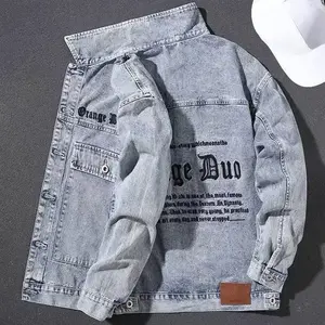 Men's Denim Jacket Wide Shoulders Male Jean Coats with Embroidery Blue Letter Trendy Menswear Fast Delvery Outwear Korea Casual Quality fabric Comfortable Fathersdaygift Tops Sleeve Clothes