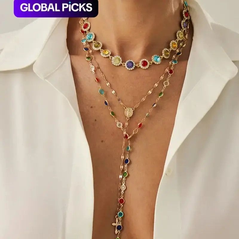 Women's Boho Alloy Metal Necklace Set Pack - Cross Accent, Crystal Mix, Fashion Jewelry, Casual Wear Accessory for Holiday Gifting