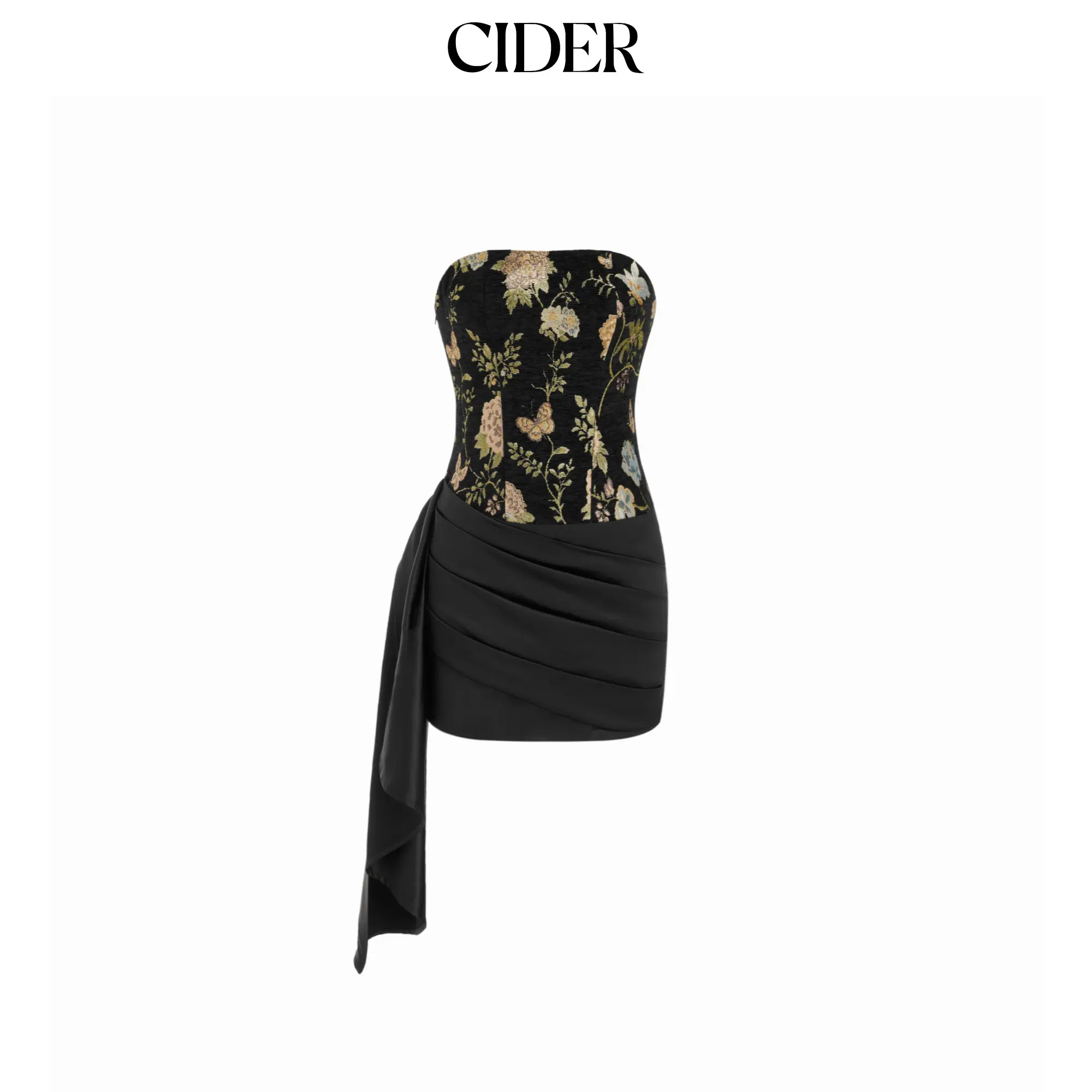 Cider Jacquard Floral Asymmetrical Draped Ruched Bandeau Mini Dress