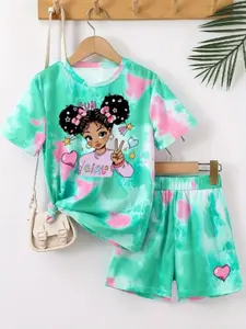 Summer Girls' 2-Piece Short Sleeve T-Shirt & Shorts Set, Casual Wear, Perfect for Outdoor Activities, Loose-Fitting, Street Style, Fine Girls Outfit