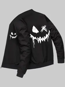 Men's Outerwear Sports Casual Jacket Halloween Spooky Smiley Face Unique Print Spring/Fall Zipper Cardigan Baseball Collar Jacket with Pockets Top for Daily Outings and Holiday Wear