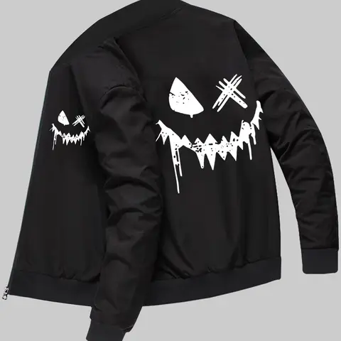 Men's Outerwear Sports Casual Jacket Halloween Spooky Smiley Face Unique Print Spring/Fall Zipper Cardigan Baseball Collar Jacket with Pockets Top for Daily Outings and Holiday Wear