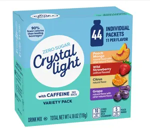 Crystal Light Energizing Drink Mix with Caffeine Variety Pack, 44 Packets for On-the-Go Hydration, Peach Mango, Wild Strawberry, Citrus, Grape, Naturally and Artificially Flavored, Zero Sugar, 4.18 oz