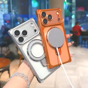 Rectangle Magnetic Clear Case for iPhone 17 Pro Max 16 15 14 13 with Magnetic Ring Stand [Compatible with Mag-Safe] [Full Camera Lens Protector] Plating Clear Phone Case