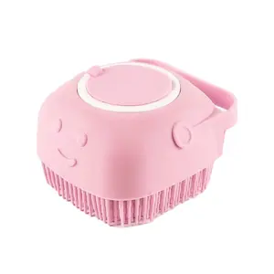 Pink Pet Grooming Bath Brush Soft Silicone Bristle with Soap and Shampoo Dispenser