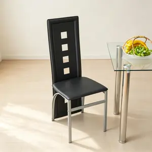 4-Piece PU Leather Dining Chair Set - Long Backrest Modern Kitchen Chairs with Black Cushion & Electroplated Legs, Square Hollow Design, Round Tube Frame