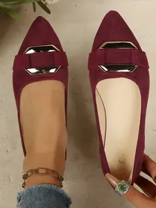 Wine Velvet Pointed Toe Flat Shoes, Closed Toe Flats, Soft Sole Comfortable, Versatile Women's Footwear for Office & Daily Wear